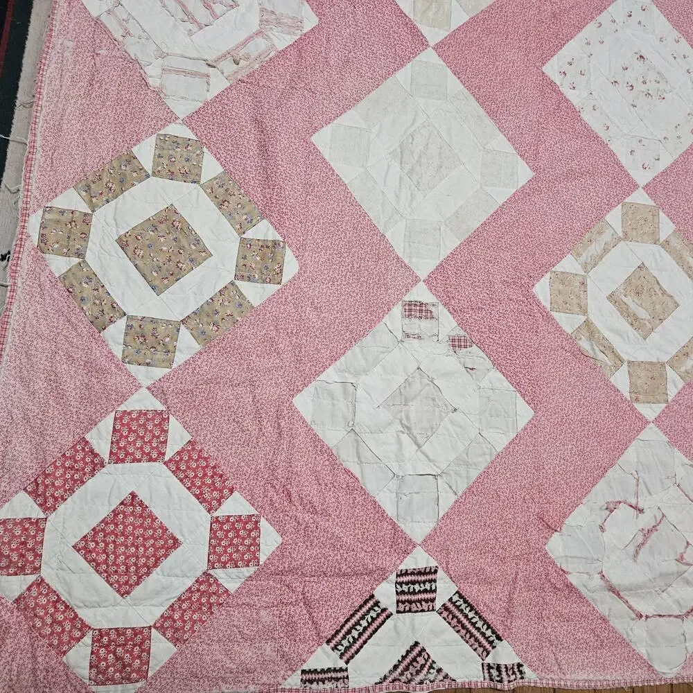 Vtg Hand pieced patchwork quilt 80X80 Chimney sweep design damage stains READ